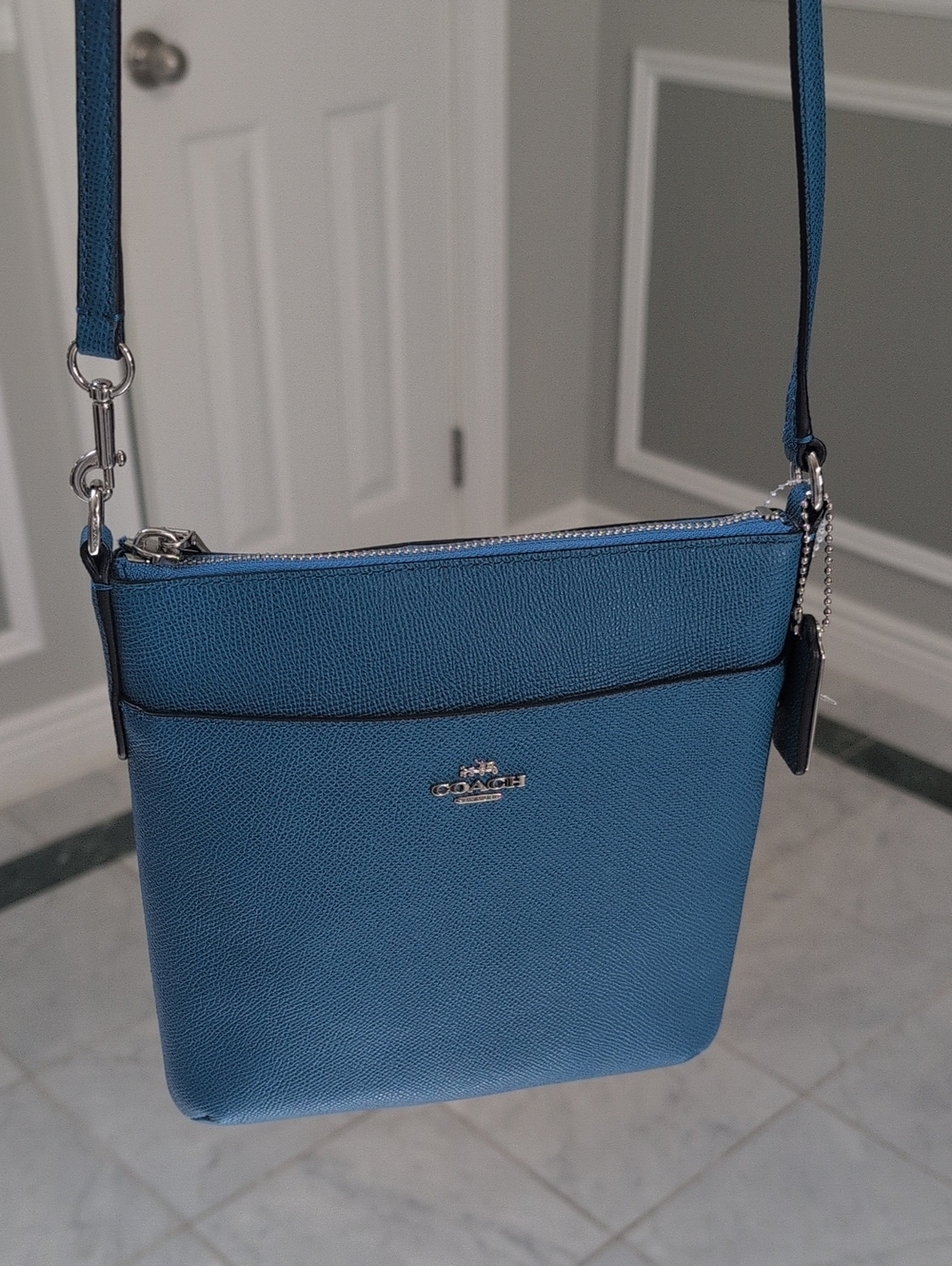 Coach Blue Pebbled Leather Crossbody Bag with Silver-Tone Hardware